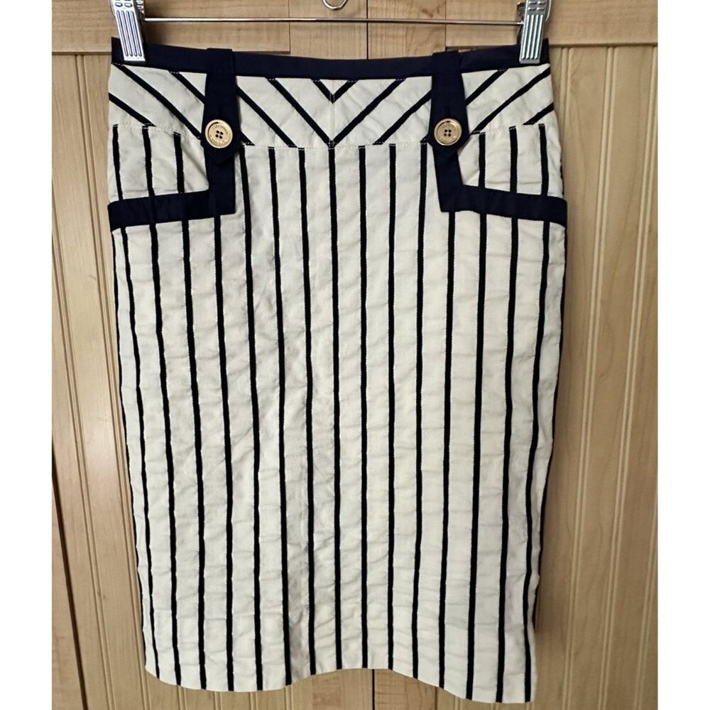 Tory Burch Koemi Nautical Striped Pencil skirt‎ W Gold Buttons Size 2 EUC Preppy